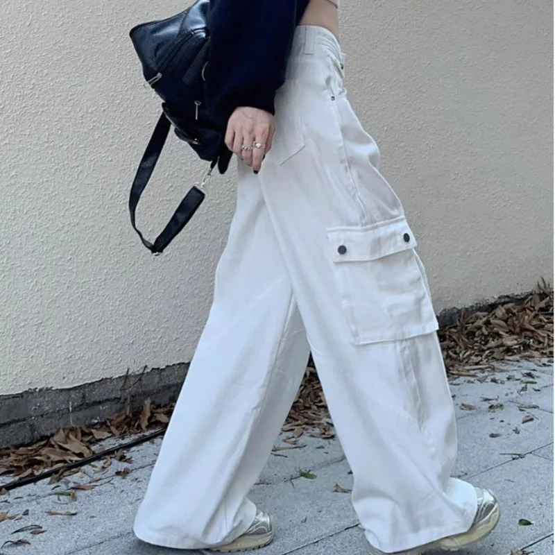 

American White Pocket Cargo Jeans Women High Waist Loose Wide Leg Pants Winter Fashion Solid Trousers Streetwear Clothes Trendy