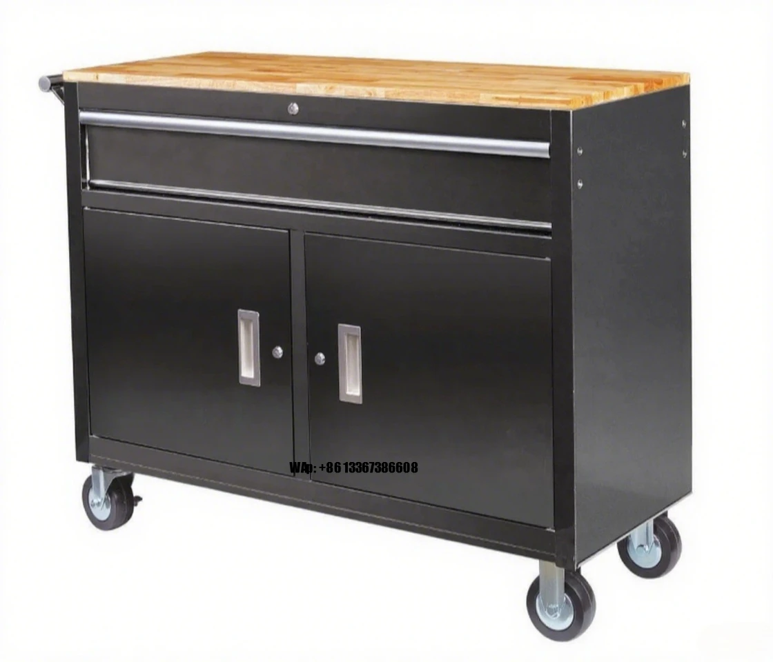 46 In. Mobile Workbench with Solid Wood Top Tool Cabinet Black