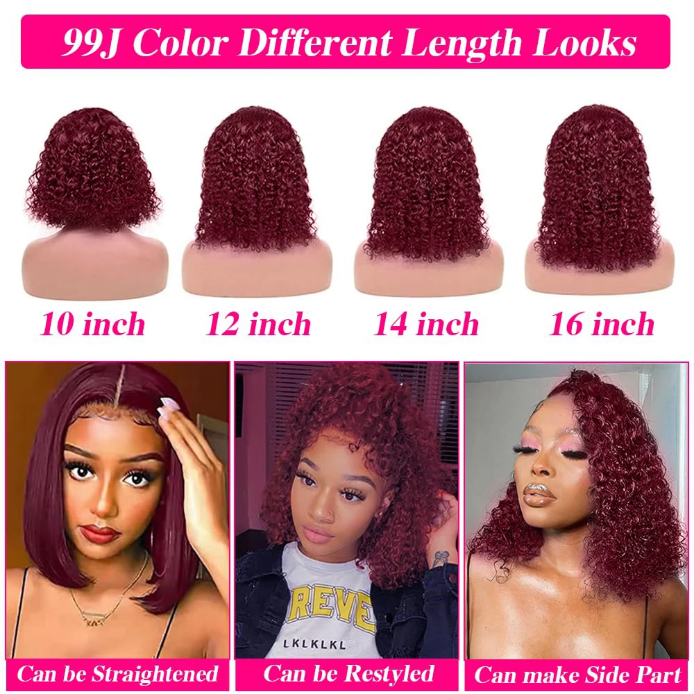 Wig Bob 99J keriting dalam rambut manusia gelombang air Burgundy rambut manusia Wig Bob depan renda 13X4 untuk wanita mulus dengan rambut bayi