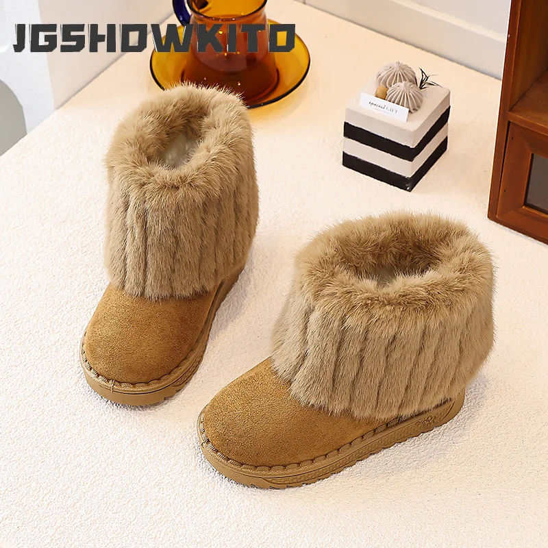 JGSHOWKITO Winter Kids Snow Boots Soft Furry Hairy Girls Ankle Boots Solid Color Outdoor Warm Children's Cotton Boots Slip-on