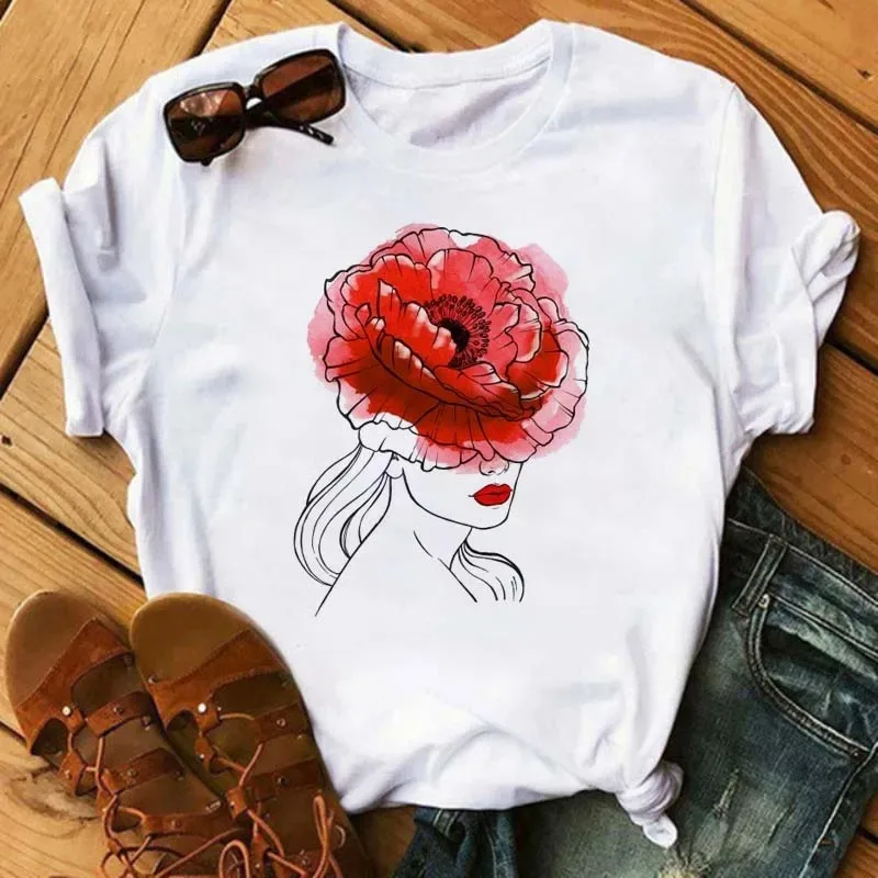 Camiseta blanca minimalista elegante para mujer, camiseta de manga corta con línea de arte rosa de una sola línea, Top informal Retro holgado con cuello redondo y capa Base