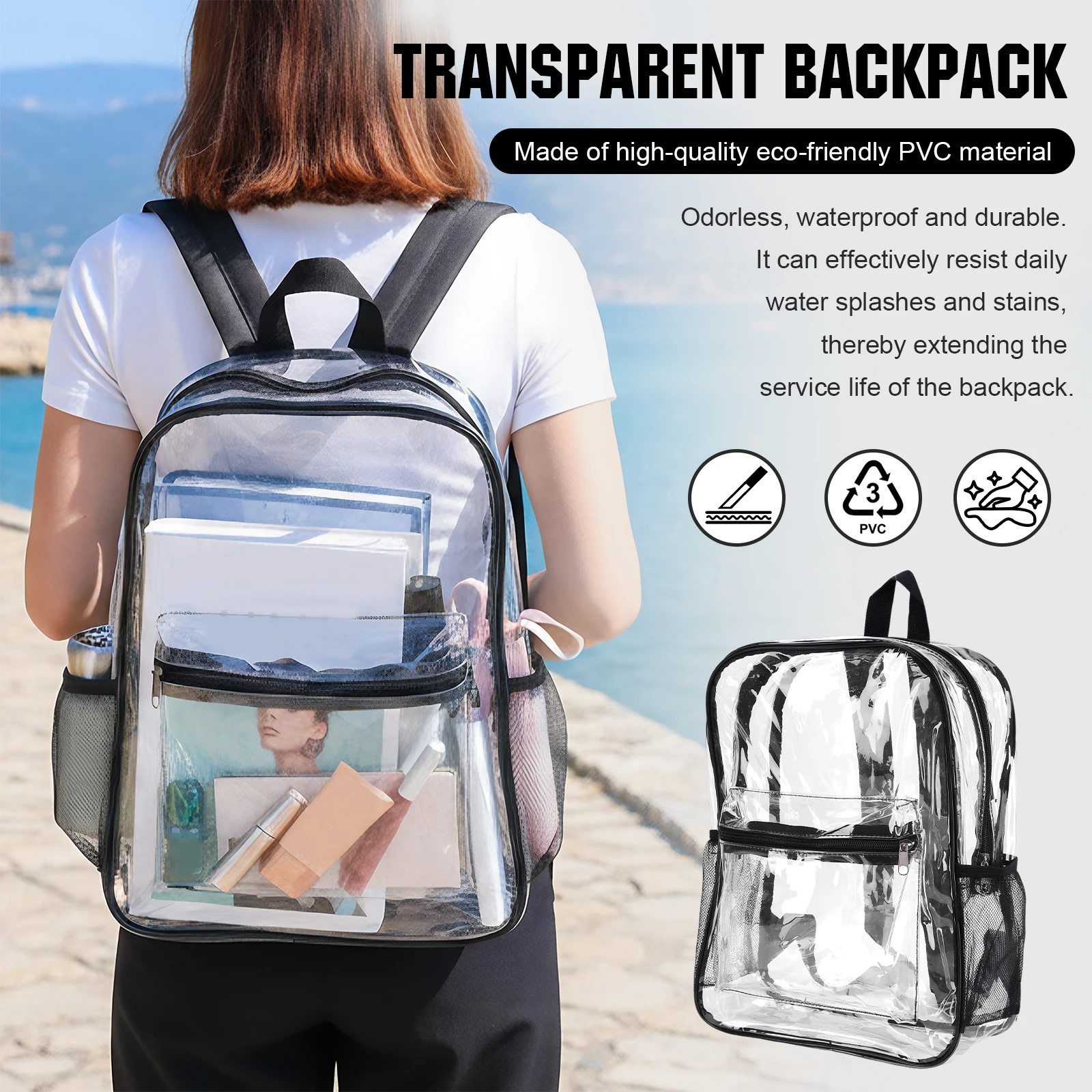 

50 Pack PVC Clear School Backpack with Multiple Pockets 15 Inch Small Clear Concert Bag Reinforced Shoulder Straps for Men Women