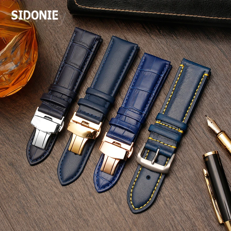 Genuine Leather Watch Strap Men's Blue Cow Leather Watchband for Rossini Citizen Blue Angel Tissot Watch Bracelet 22mm