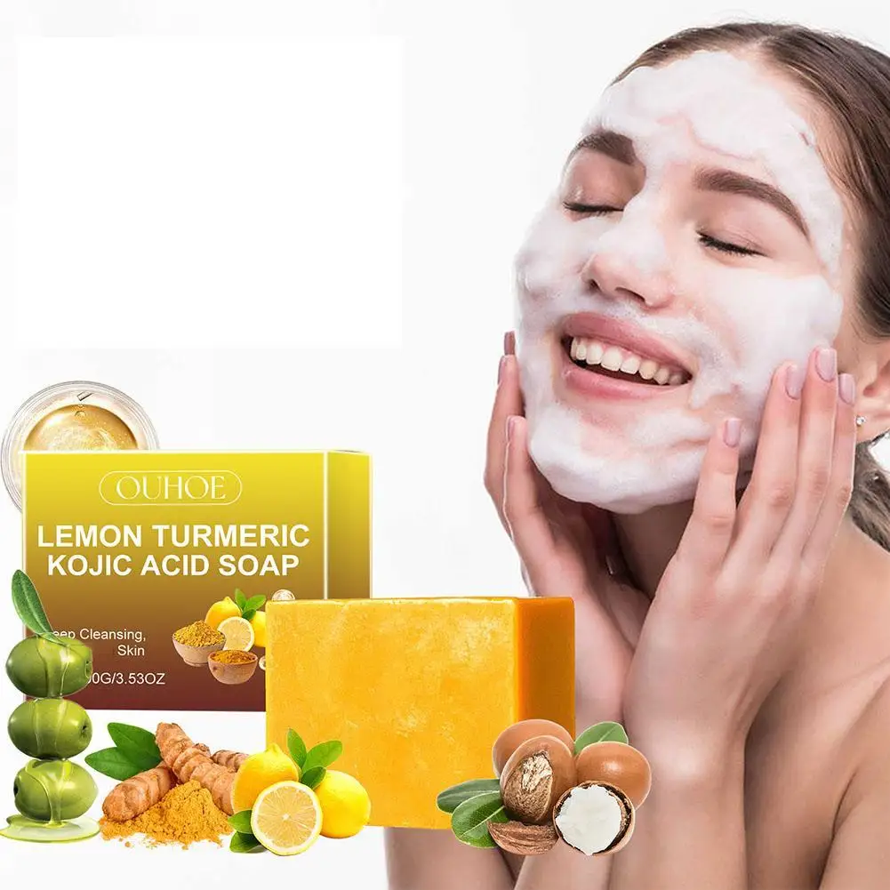 Lemon Turmeric Kojic Acid Soap Deep Cleaning Oil Control Remove Spots Stains Smooth Brightening Skin Tone Face Skin Care 100g