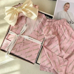 French Romantic Y2k Pink Letter Print Women Pajamas Fresh Elegant Aesthetics Sleepwear 2024 New Summer Herringbone Twill Lounges