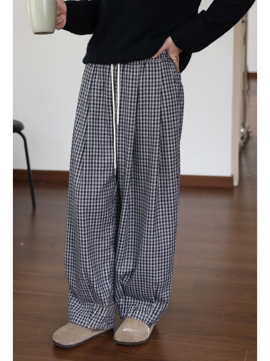 

High Waist Loose Fit Straight Leg Pants with Dstring Casual Plaid Pattern French Sle Simple Design Winter New Arrival