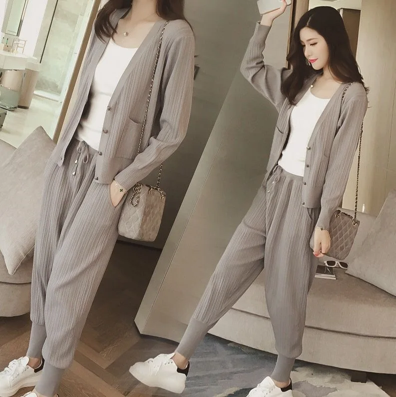 Fashionable Knitted Sporty Casual Spring Clothes Women's Small Foot Pants Cardigan Outerwear Leisure Knitted Set S-4XL