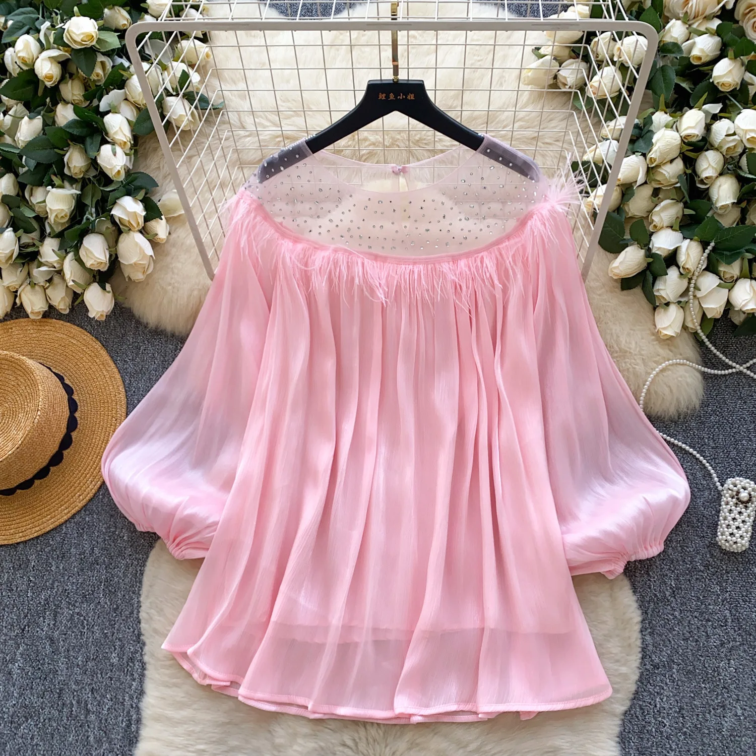

Women Blouse Spliced Shirts Beaded Hollow Out Round Neck Lantern Sleeves Slight Strech Loose Casual Elegant Office 2025 Summer