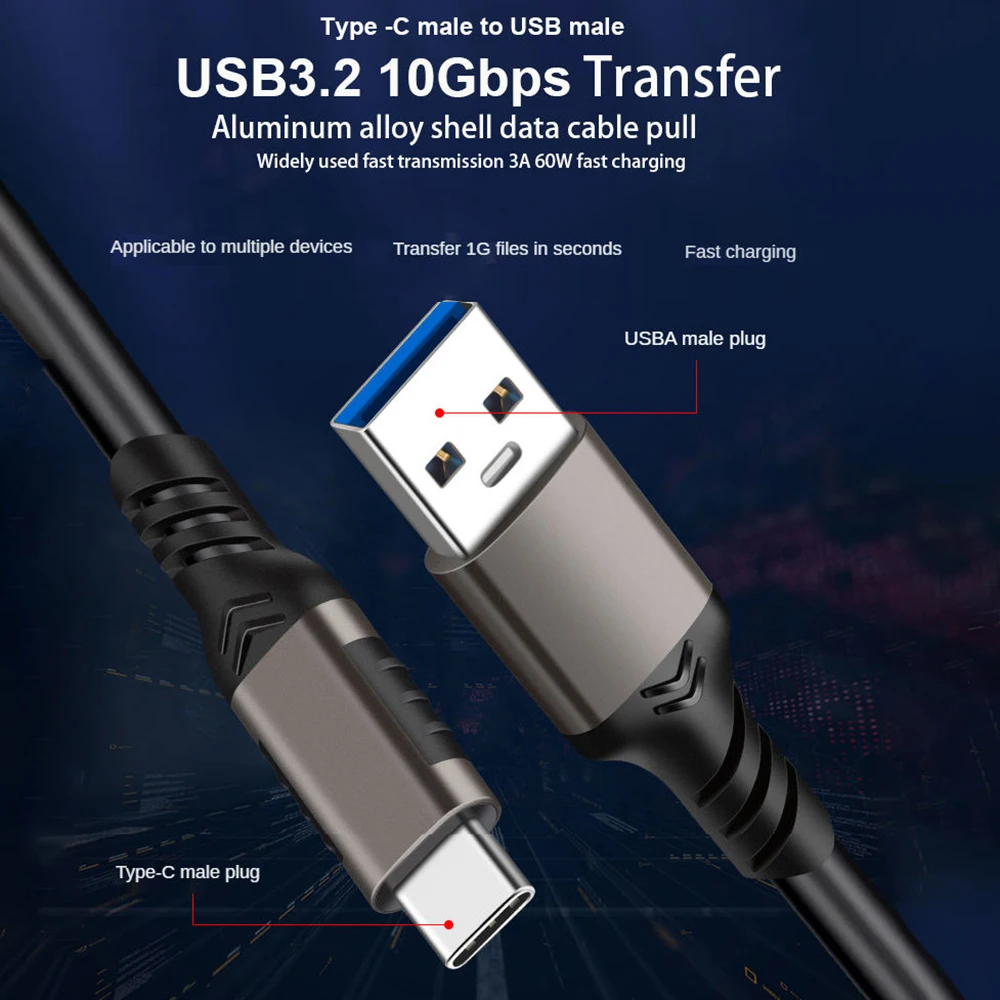 Hannord USB3.2 10Gbps Cable USB A to Type-C 3.2 Data Transfer USB C SSD Hard Disk Cable 3A 60W Quick Charge 3.0 Charge Cable