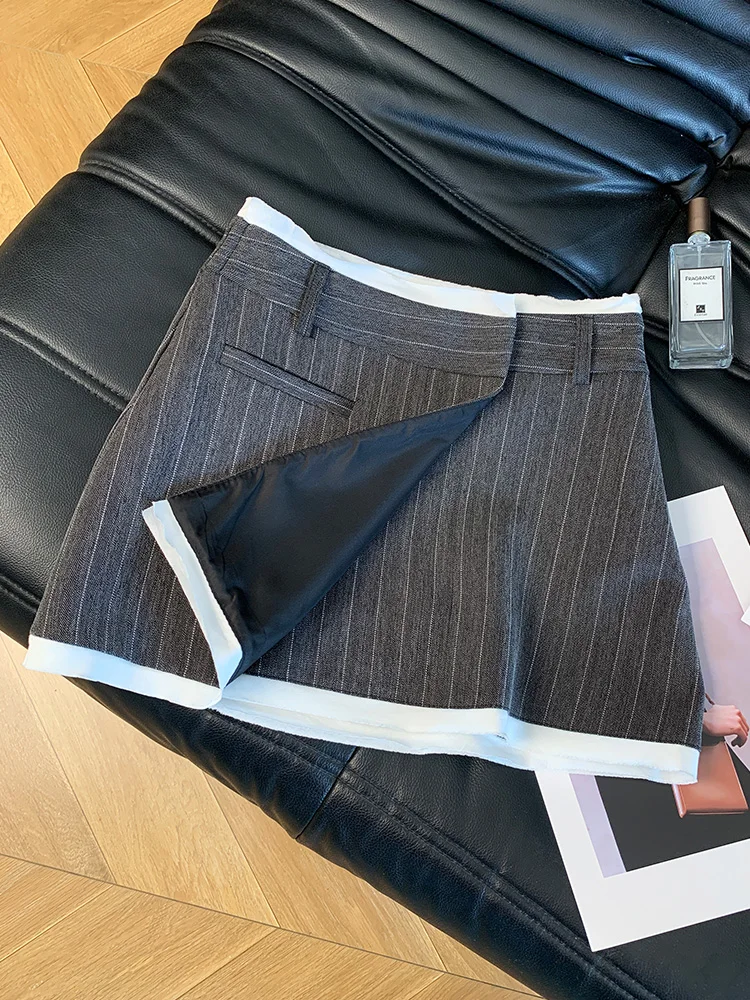 프랑스 빈티지 프레피 스타일 하이 웨이스트 a 라인 스커트 여성 우아한 비대칭 스트라이프 패치 워크 디자인 짧은 스커트 한국 세련된