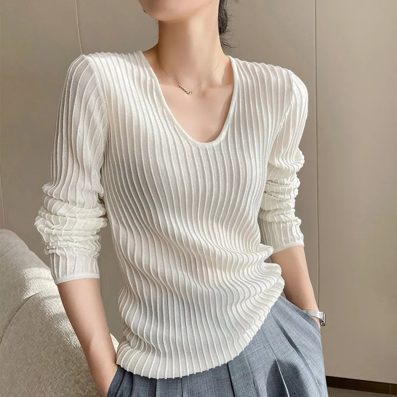 

V-neck Vertical Knit T-shirt Women's 2024 Spring Thin Sunscreen Smock Top