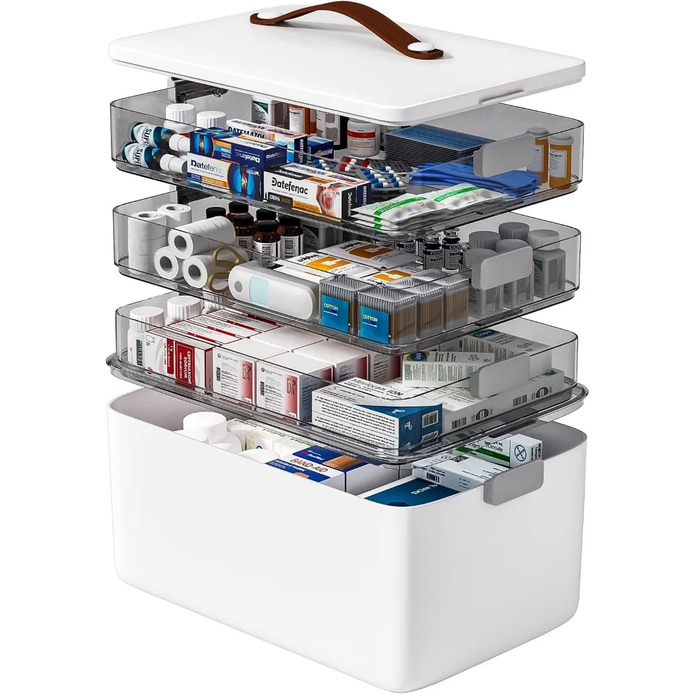 Caja de Almacenamiento de Medicamentos Portátil de Cuatro Niveles con Asa y Bandeja Extraíble para Primeros Auxilios, Costura y Manualidades