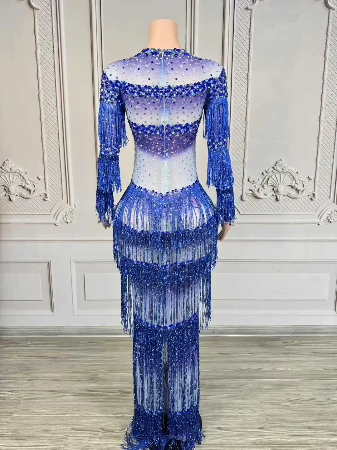 キラキララインストーンフリンジマキシロングドレス女性のセクシーな透明エレガントなイブニングパーティー誕生日ドレス写真撮影ステージ着用