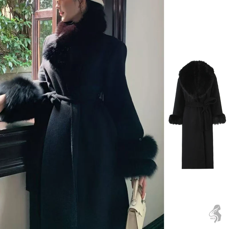 

Women's Black Faux Fur Trimmed Long Coat - Belted Waist, Hooded Collar & Cuff Detail, Elegant Winter Outerwear