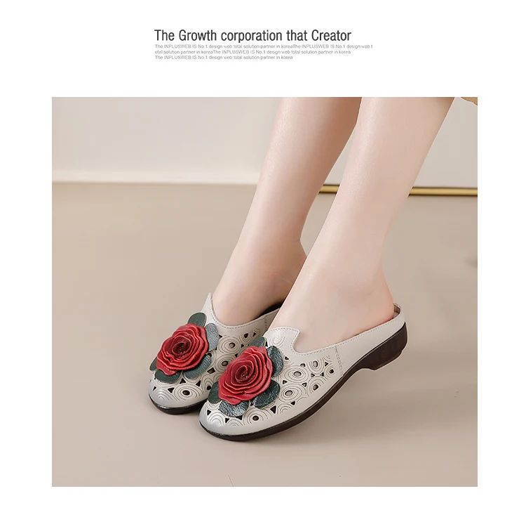 Neue große Blumen-Sandalen aus Rindsleder für Damen, Sommer-Mules mit Cut-Outs, niedrige Absätze, Retro-Luxus-Slipper-Sandalen, Slip-On-Schuhe für Damen – Detail 11