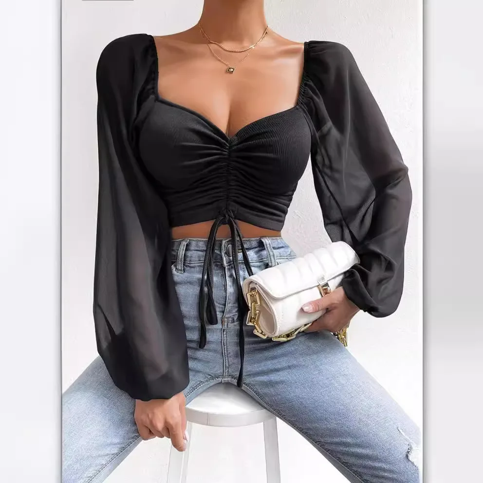 Y2K Camicetta da donna aderente tinta unita T-shirt basic Camicette sexy con scollo a V Camicette estive con coulisse e maniche a lanterna increspate
