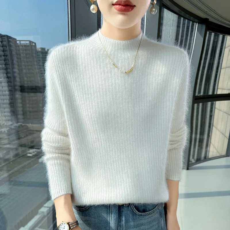 

2025 Autumn And Winter New Women's Semi High Neck New Fashion Mink Sweater Long Sleeved Loose Sweater Slimming Knit Sweater Base