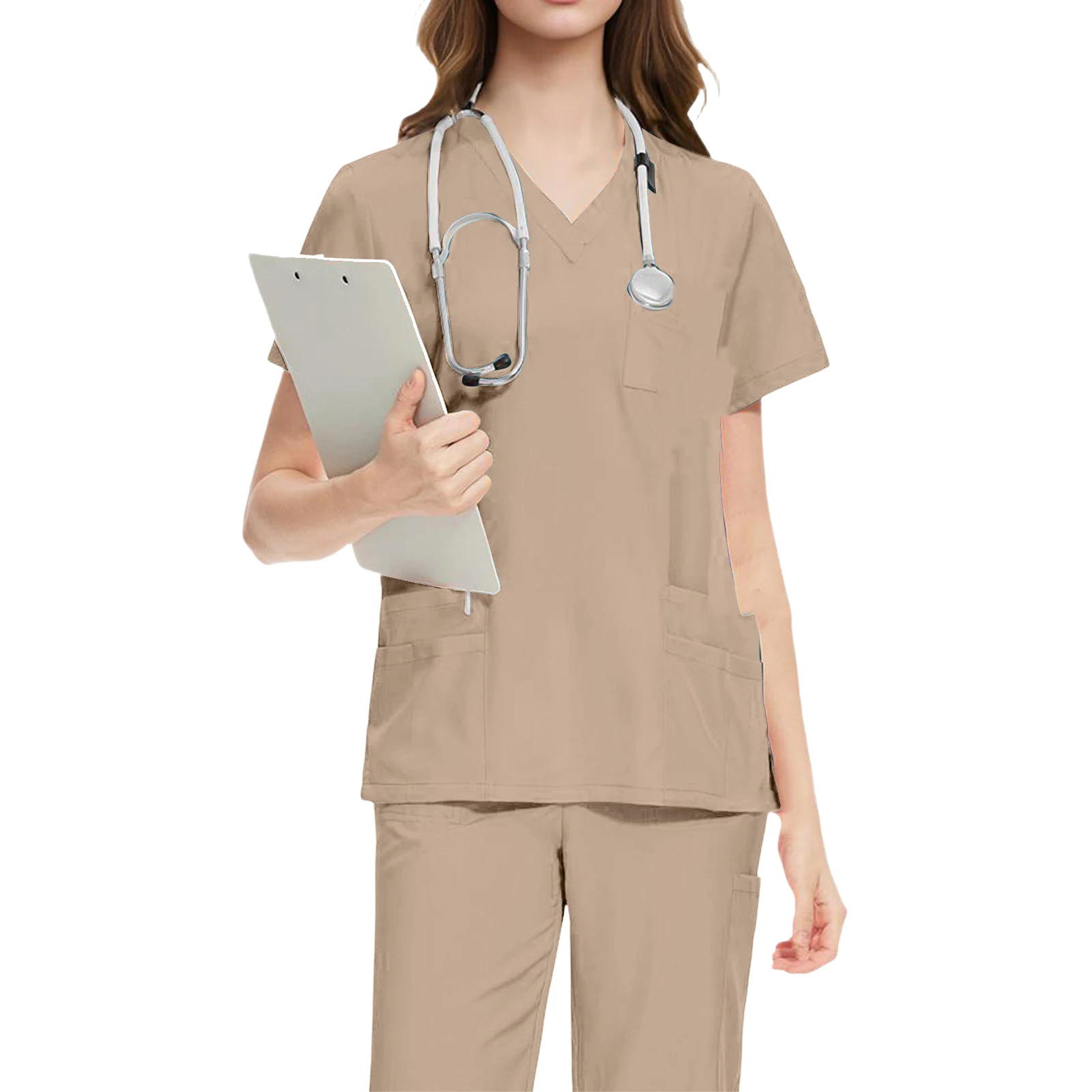 Women's Nurse Scrub Set V-Neck Short Sleeve Multi-Color Multi-Pocket Straight Pants Medical Uniform Healthcare Workwear