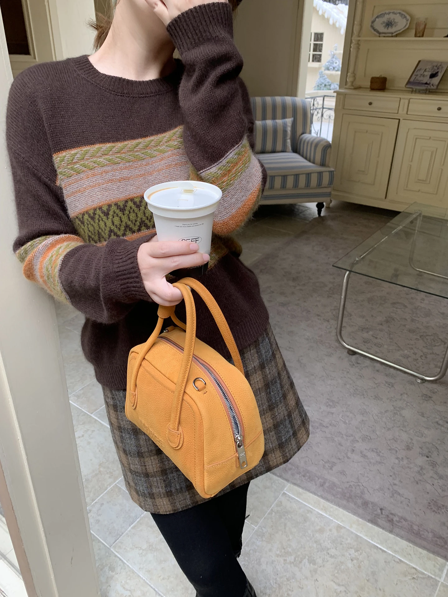 

Винтажный полосатый вязаный свитер Elinsu для женщин, свободный крой, осенне-зимний, с круглым вырезом, теплый, длинный рукав