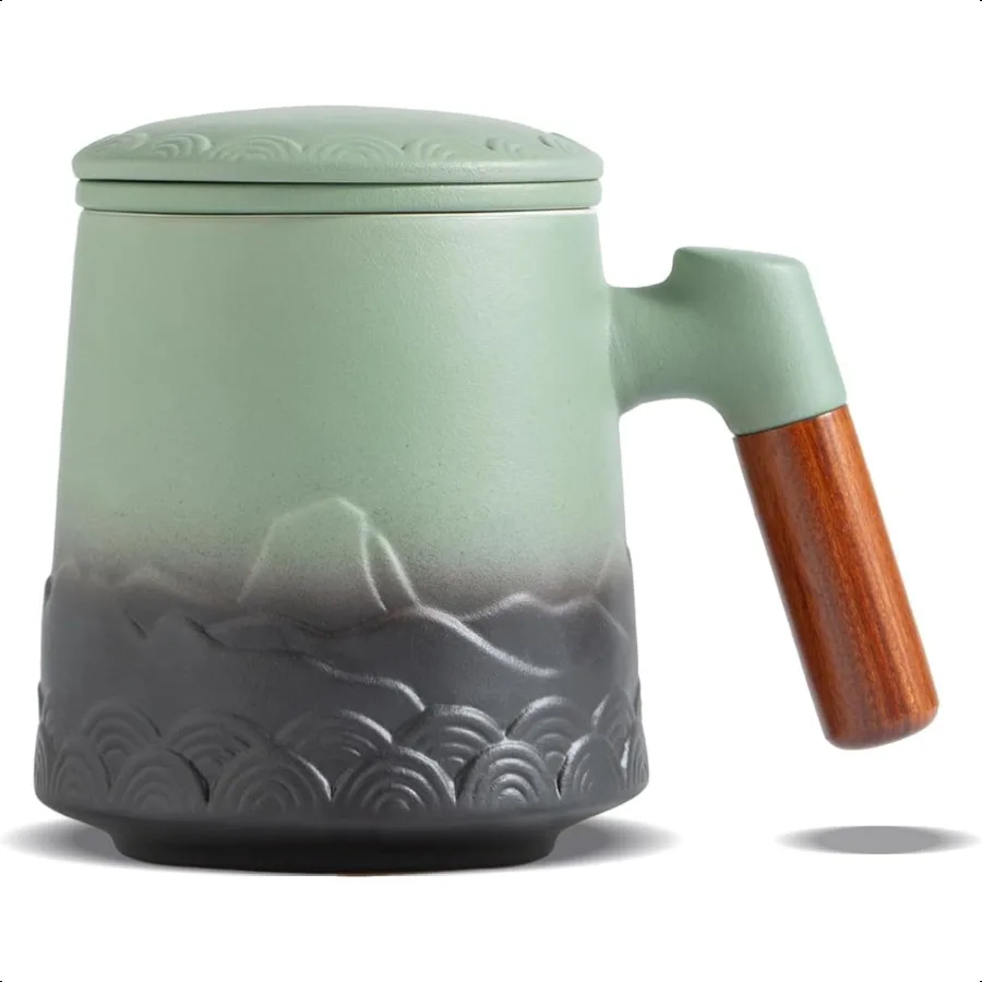

ZENS16.9 oz Ceramic Tea Mugs with Strainers Lid Wood Handle Large Infusers Tea Accories Gift