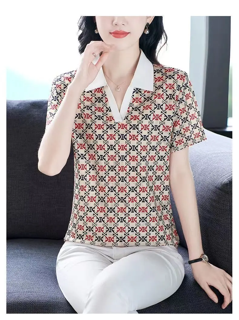 ความกว้างไหล่ผ้าฝ้ายขนาดใหญ่ Mom Top แฟชั่นพิมพ์ Dopamine เสื้อโปโลอินเทรนด์เสื้อยืดลดอายุ