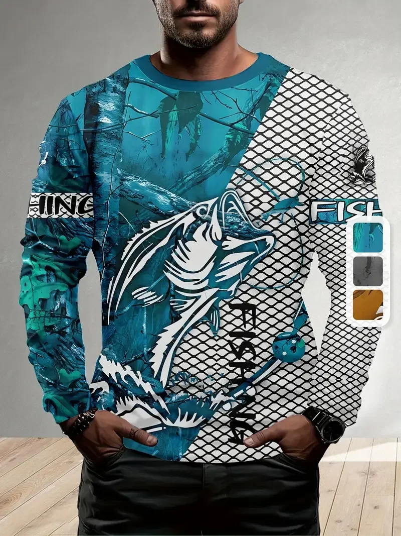 الرجال في الهواء الطلق الصيد طويلة الأكمام تي شيرت ثلاثية الأبعاد الأسماك طباعة الجولة الرقبة التي شيرت الصيف بلوزة فضفاضة غير رسمية المتضخم الرجال ملابس الصيد #4