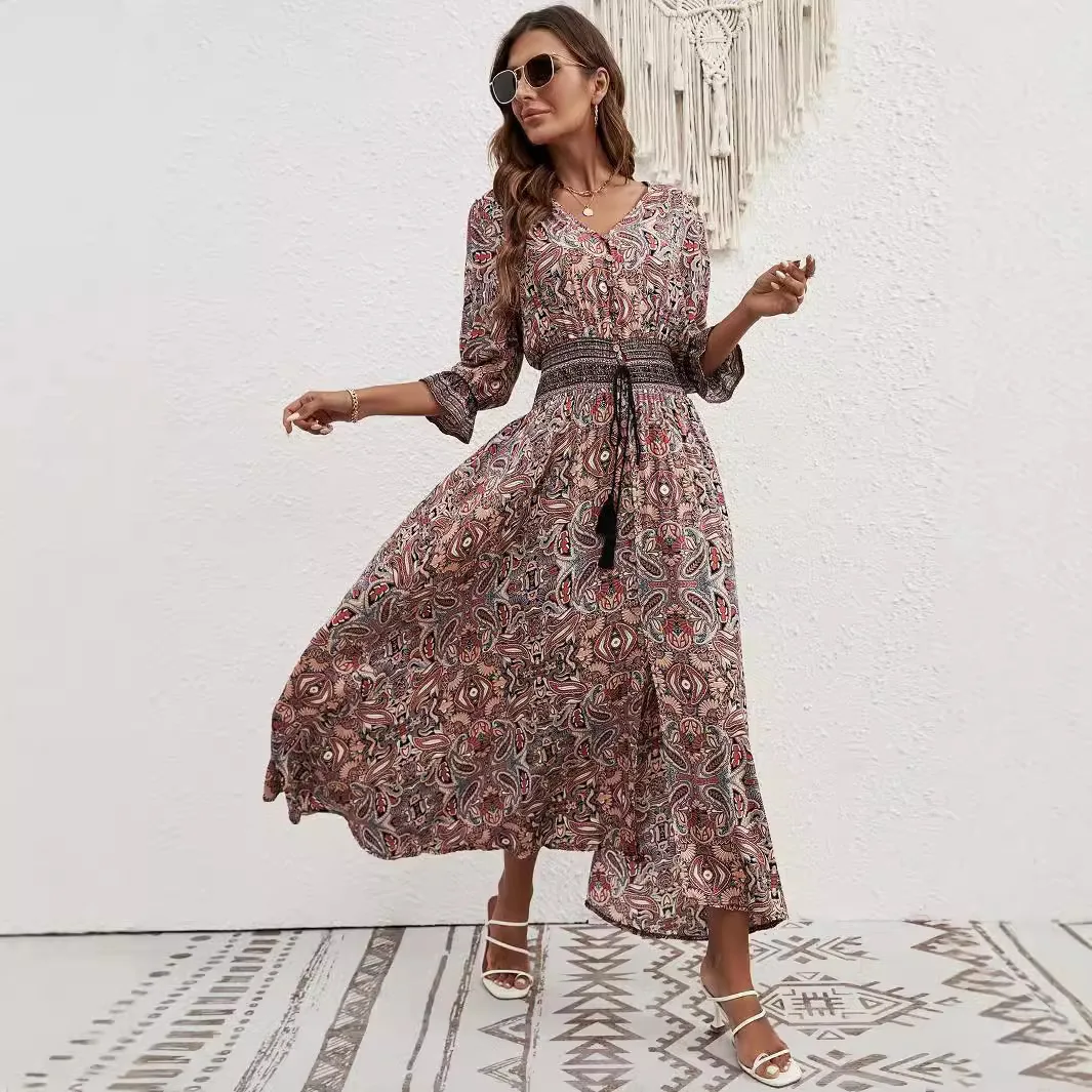 

Халат Longue Femmes, богемное модное курортное пляжное платье с поясом и рукавами три четверти, женская юбка трапециевидной формы с v-образным вырезом и разрезом подол