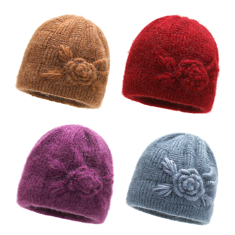 Women Warm Flower Beanie Cap Hat Lady Autumn Winter Thick Knitted MOM Grandmother Cap Hat For Women