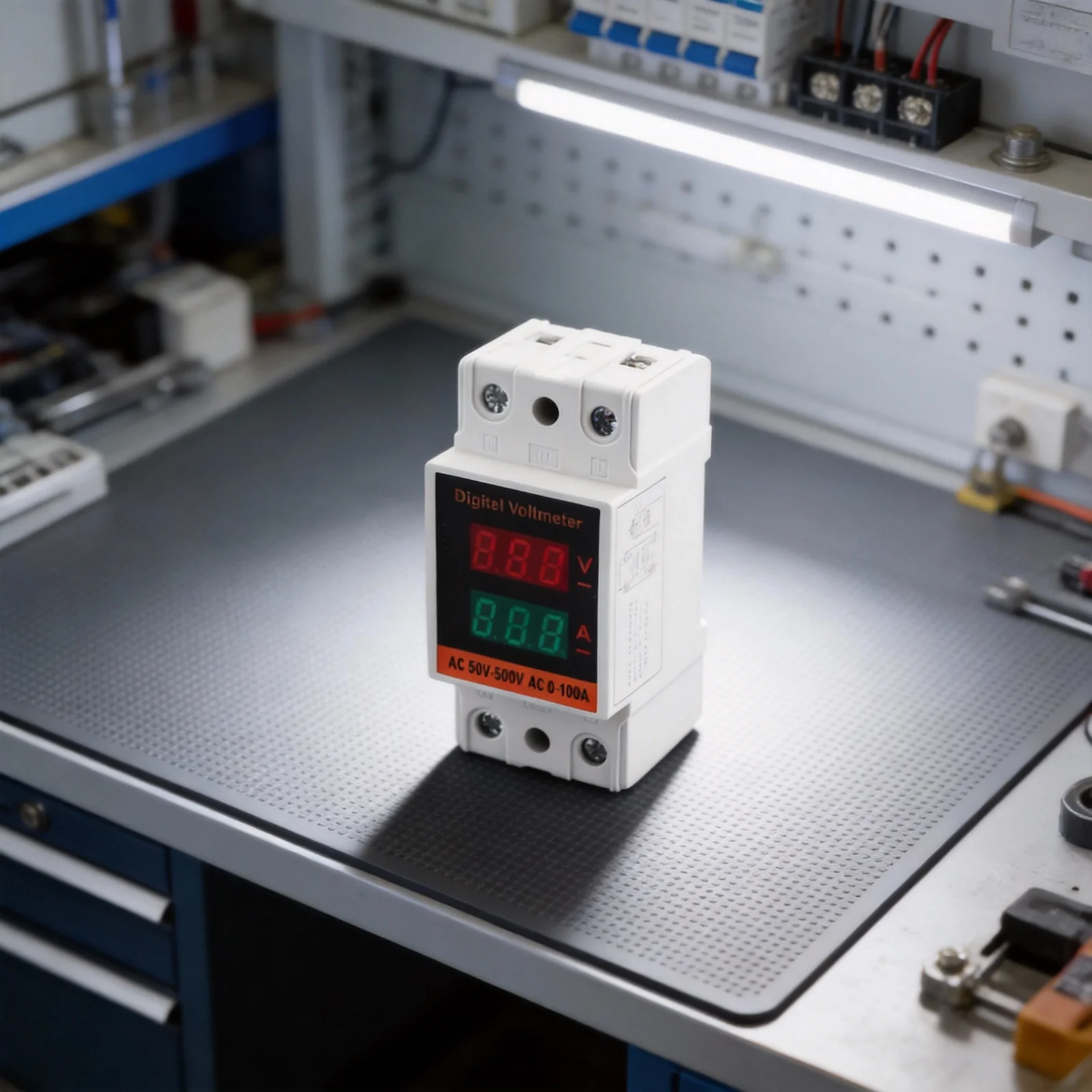Dual Display AC Voltage Current Meter Designed for DIN Rail Mounting in Commercial and Residential Installations