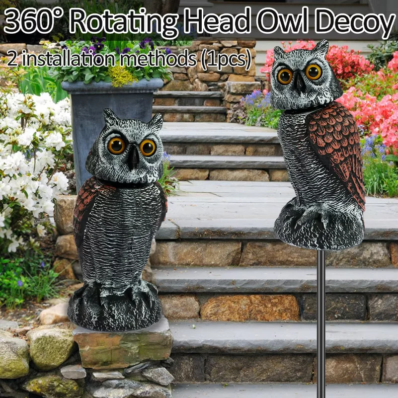 Owl Scare Bird Control Devices with 360° Swivel Head Waterproof Fake Owl Scarecrow Decoy Lifelike Simulation Owl Bird Deterrent view 3
