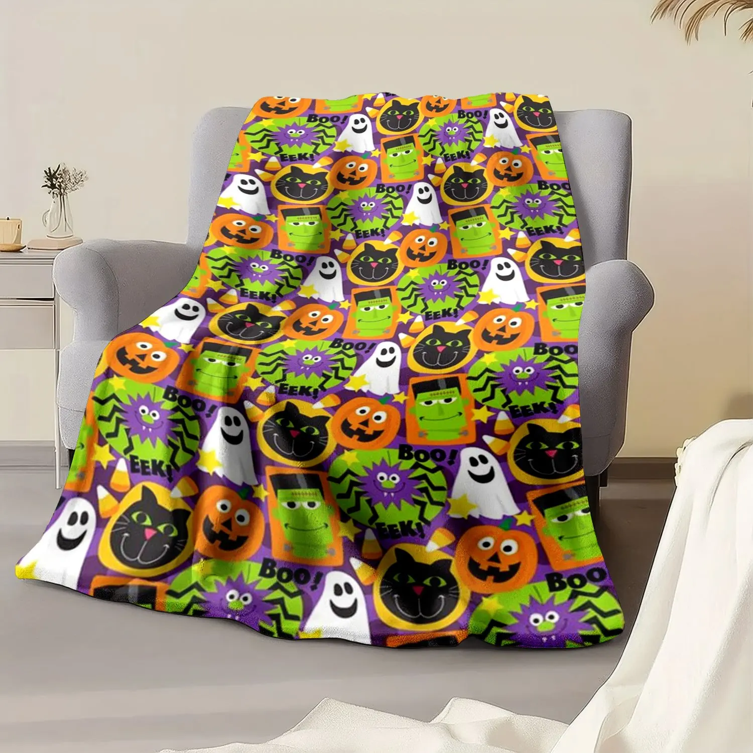 1pc Funny Pumpkin Ghost Bat Halloween Blanket, Flannel Blanket Soft And Comfortable, Perfect for Bed Or Sofa Use
