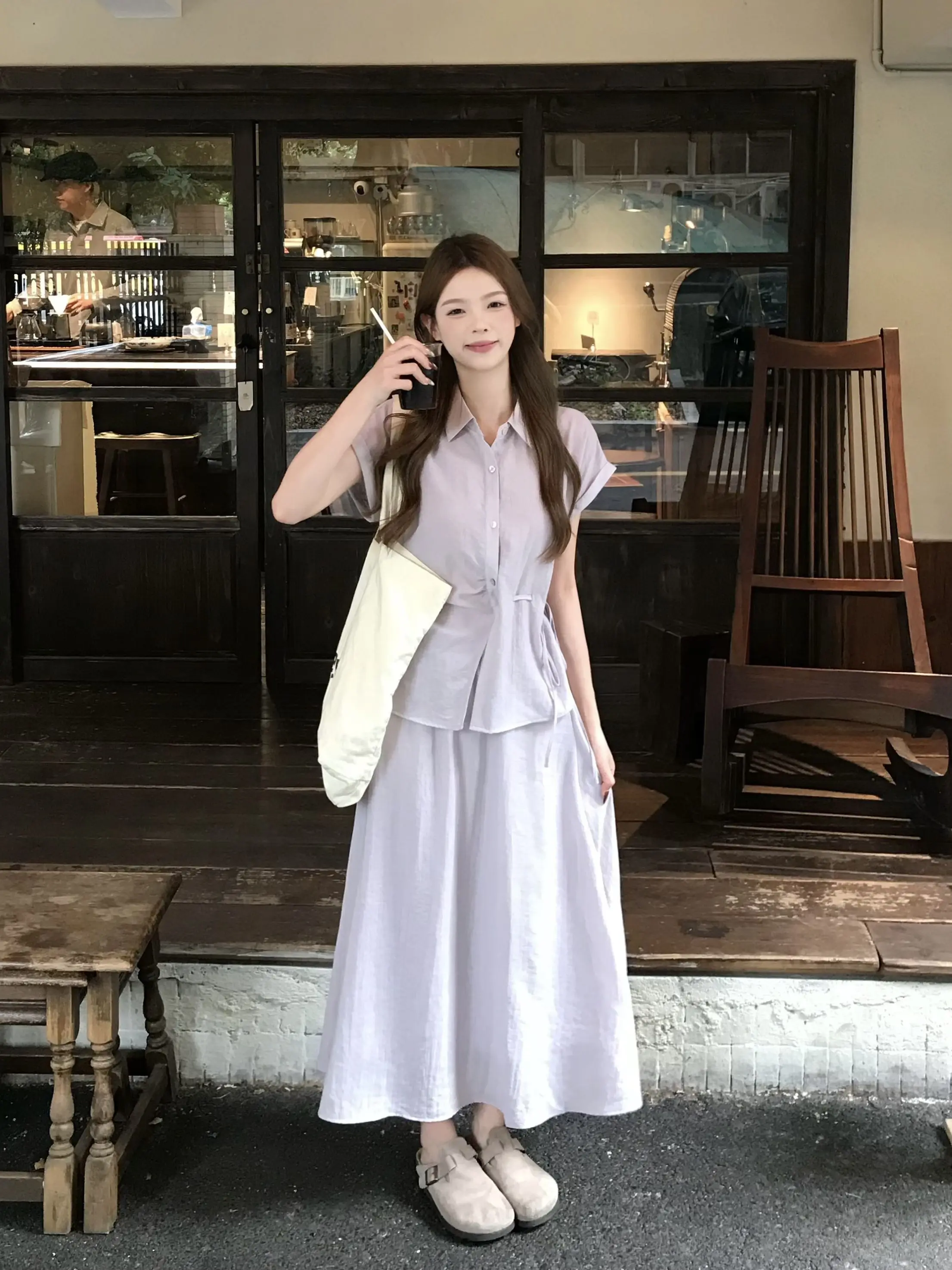 

Gentle Wind Women's Summer Outfit Two-Piece Set Purple Tie-Detail Short Sleeve Shirt A-Line Skirt Breathable Polyester