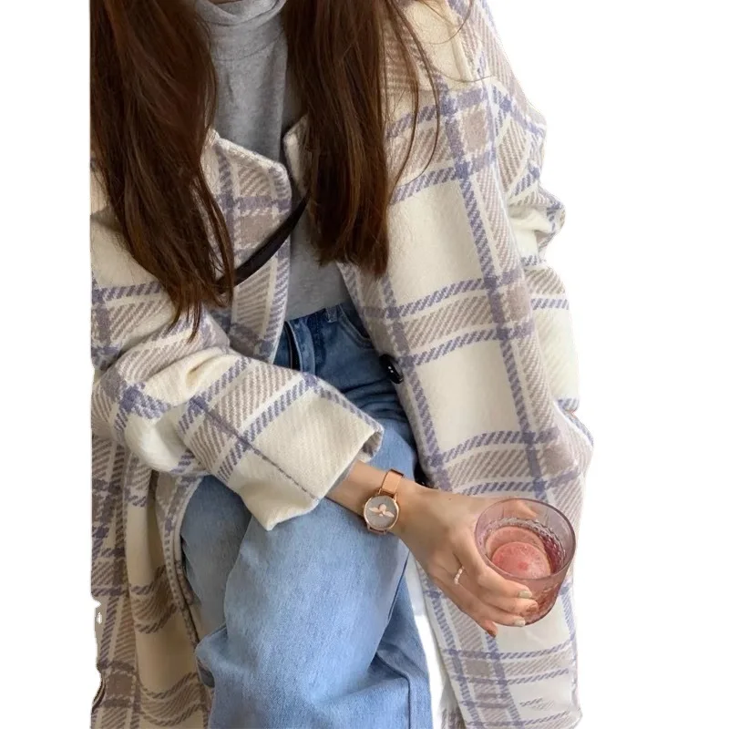 Woolen jacket women's trench coat plaid autumn and winter Korean version temperament over the knee medium and long coat