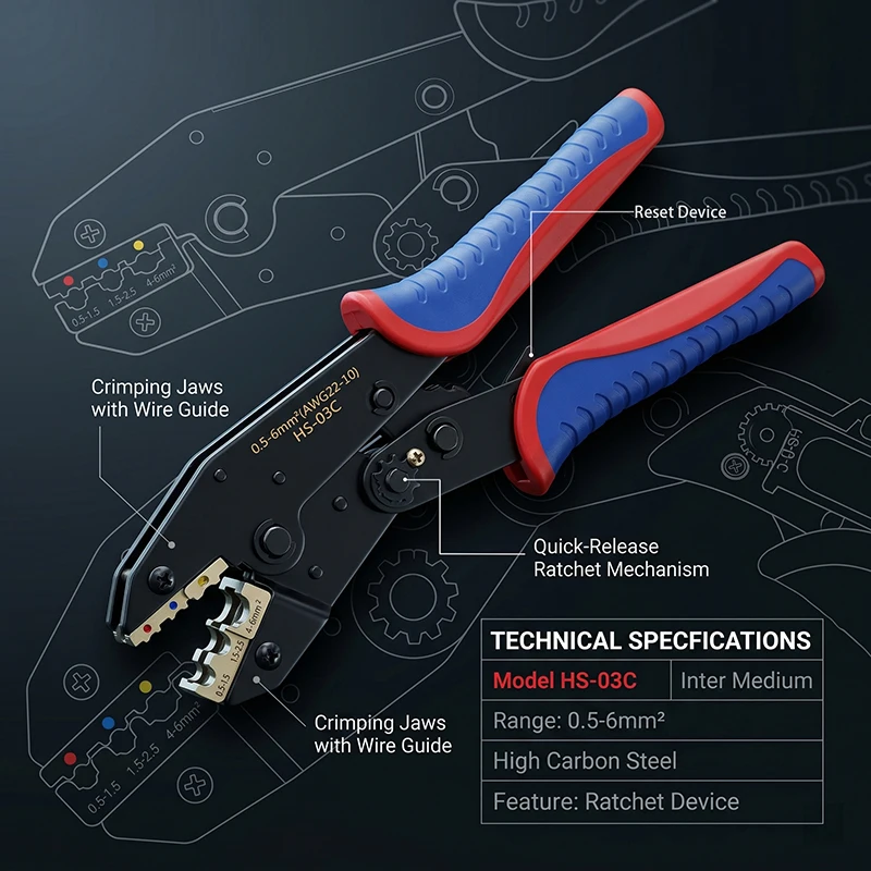 HS-03C Ratschen-Crimpzange, 0,5-6mm² 20-10 AWG Vorisolierte Klemmen-Crimpzange, Professionelles Elektrisches Handklemmwerkzeug – Detail 6