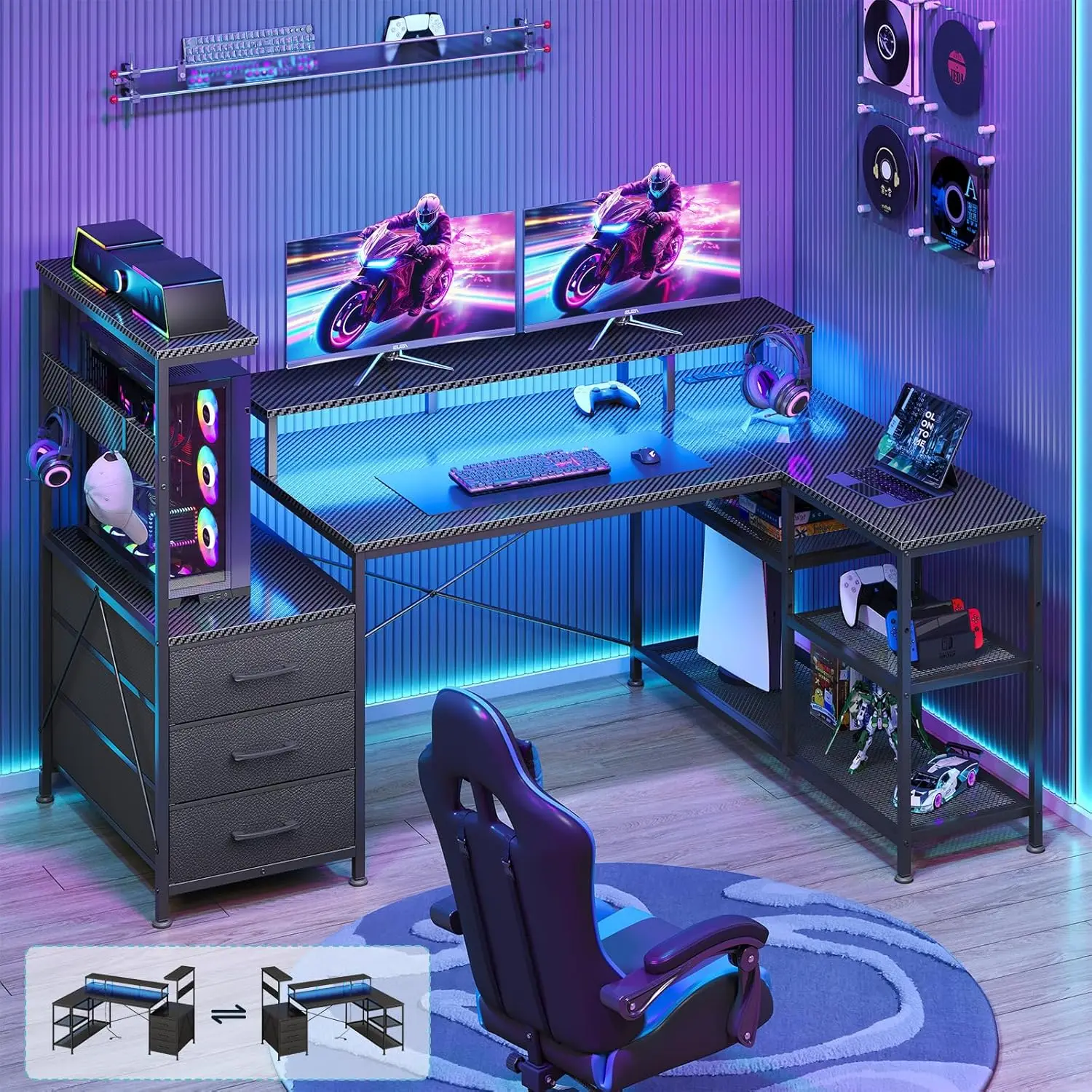 

Игровой стол L-образной формы с ящиками и полками для хранения, угловой игровой стол с розетками и LED-подсветкой, реверсивный, настраиваемый