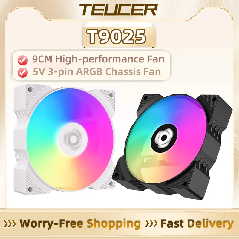TEUCER 92MM ARGB PWM CPU Cooler Fan 5V 3Pin ARGB +4Pin Intelligent Temperature Control 9CM Silent Fan for Small PC Cases