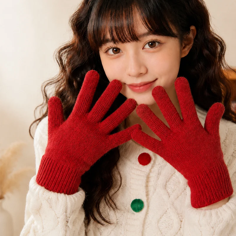 Solid Color Knitted Gloves for Men and Women, Autumn and Winter Warm Fleece-Lined Elastic Wool Finger-Separated Gloves for Students, Cycling, and Cold Protection