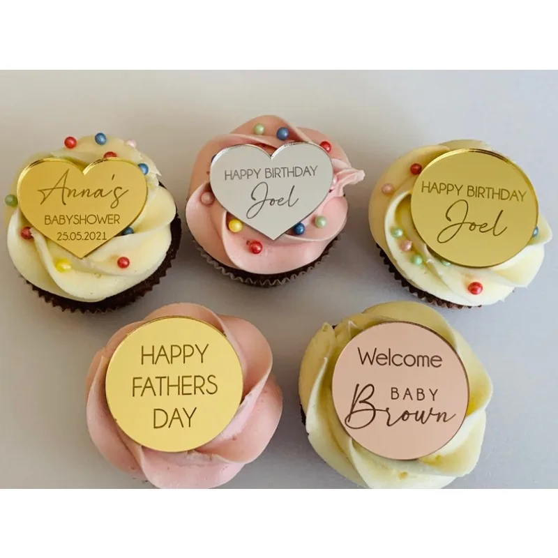 

Personalized Name Cupcake Toppers Cake Topper Charms Happy Birthday Decor Custom Engraved Mirror Acrylic Occasion Tags