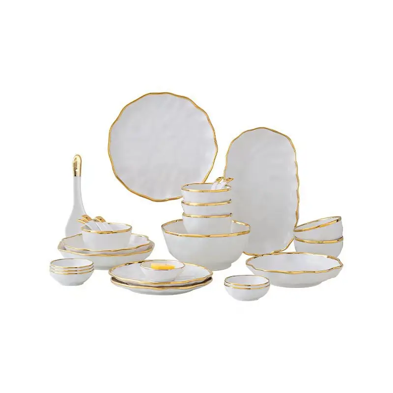 European Ceramic White Dinner Plate Gold Border Western Food Steak Plate Home Round Soup Noodle Bowl Kitchen Fruit Dessert Dish