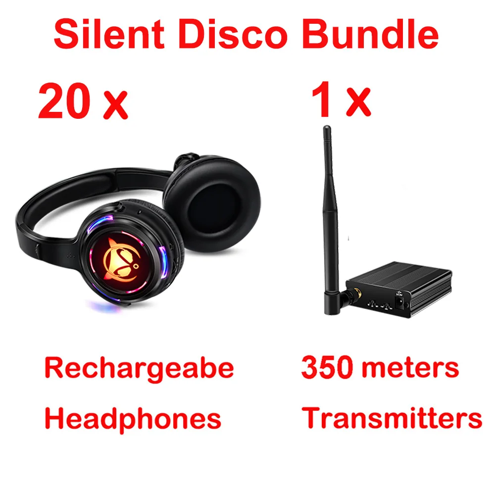 Rechargeable Silent Disco LED LOGO Wireless Headphones Bundle with 20pcs Headsets 1 Transmitter