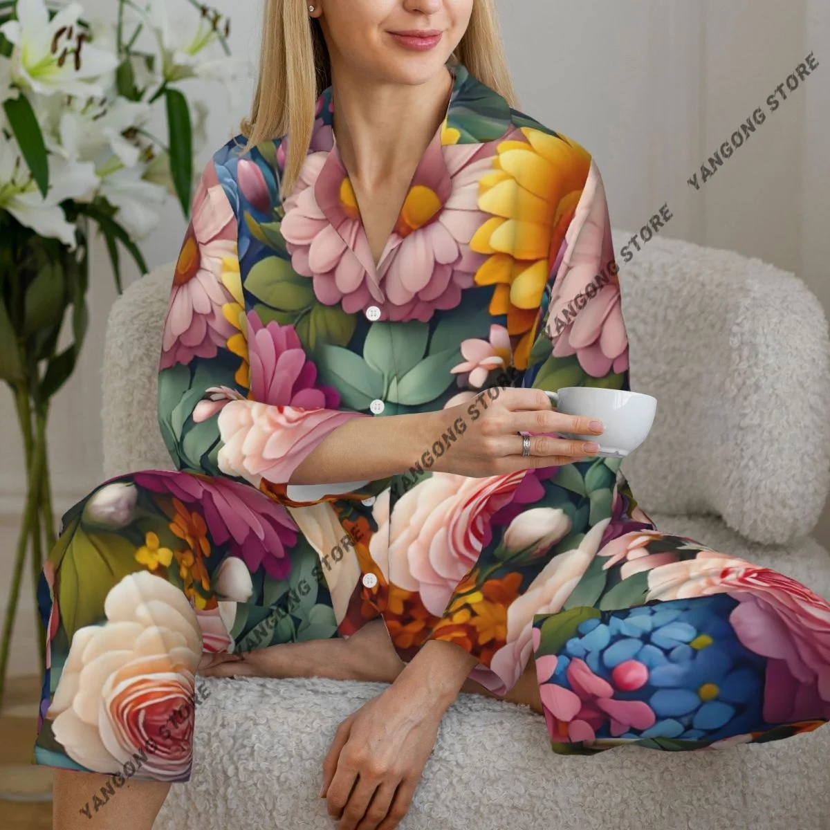 

Women's Pajamas Long-sleeved Girl Loungewear Two-piece Set Colorful Flowers Blossom Floral Bouquet Pajamas for Autumn Spring