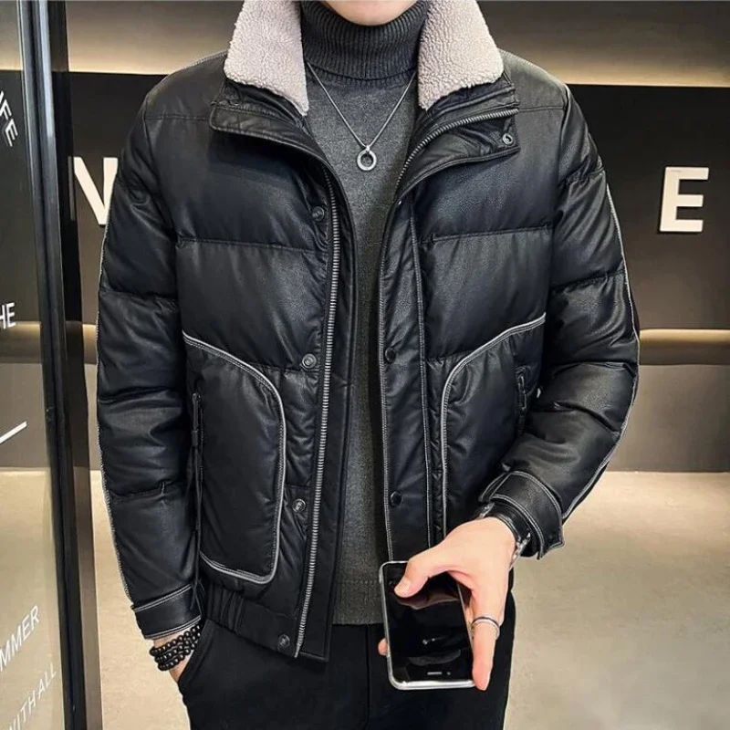 

Lapel Short Thicken Warm Large Size Outwear Business Casual Solid Color Outcoat Winter New Men Leather Down Jacket Male Fashion