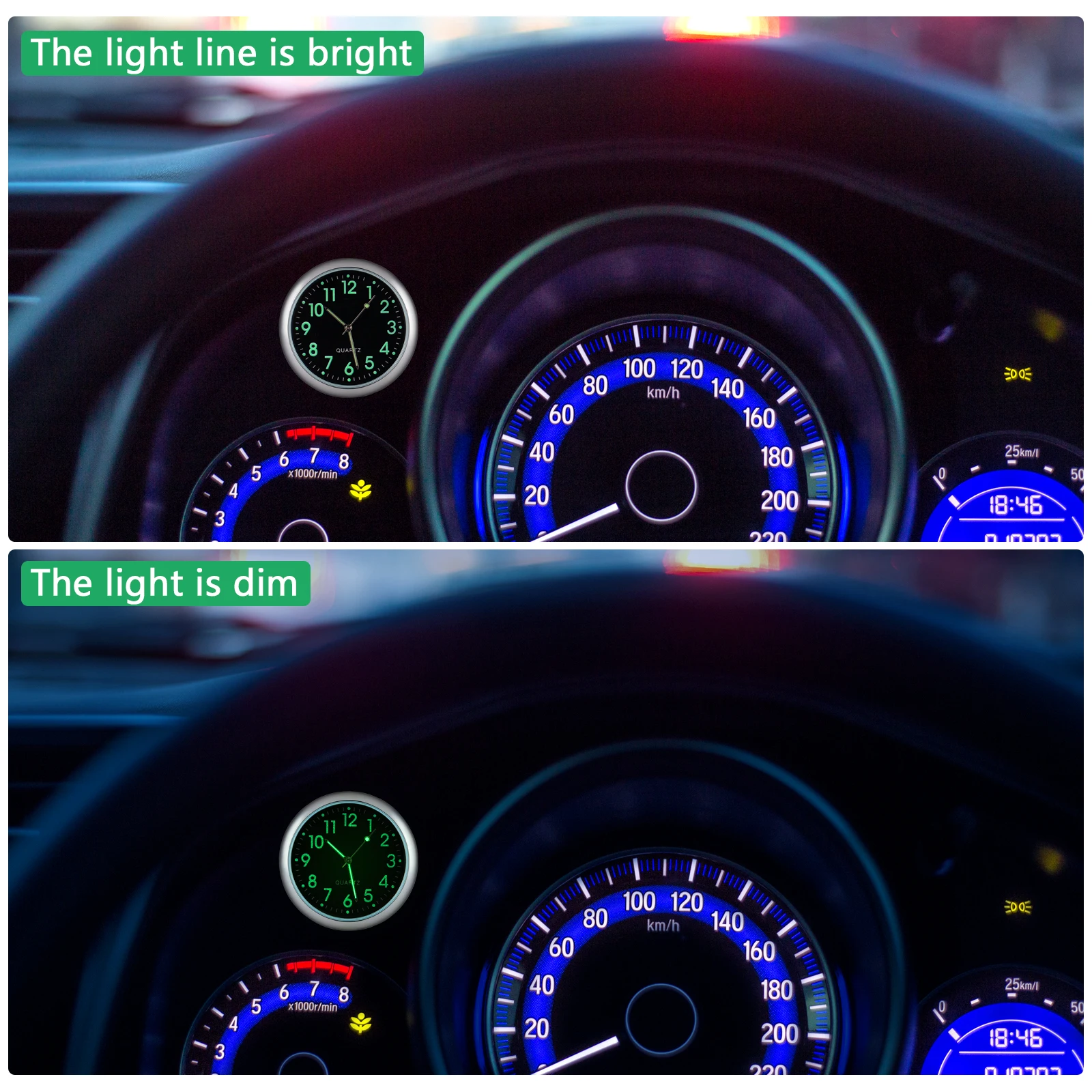 

Night Glow Pointer Watch Mini Black Round Quartz Movement Vehicle Decor Dashboard Mini For Car Luminous Vehicle Dashboard Car