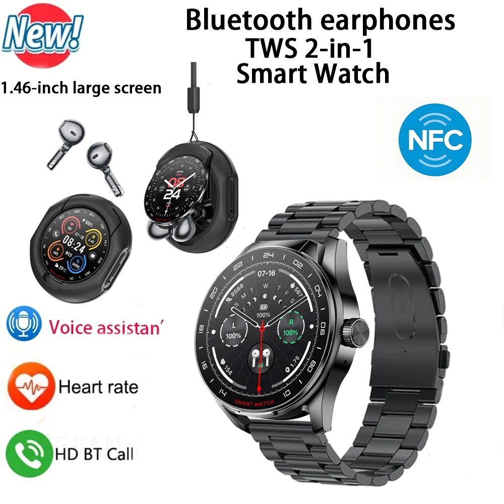 

New NFC Men's Smart Watch TWS 2-in-1 Sports Track Bluetooth Call Heart Rate Monitoring HD Large Screen Women's SmartWatches 2025