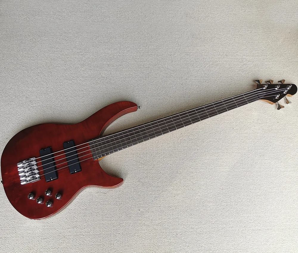 

5 Strings Dark Red Neck-thru-body Electric Bass with Flame Maple Veneer,Rosewood Fretboard