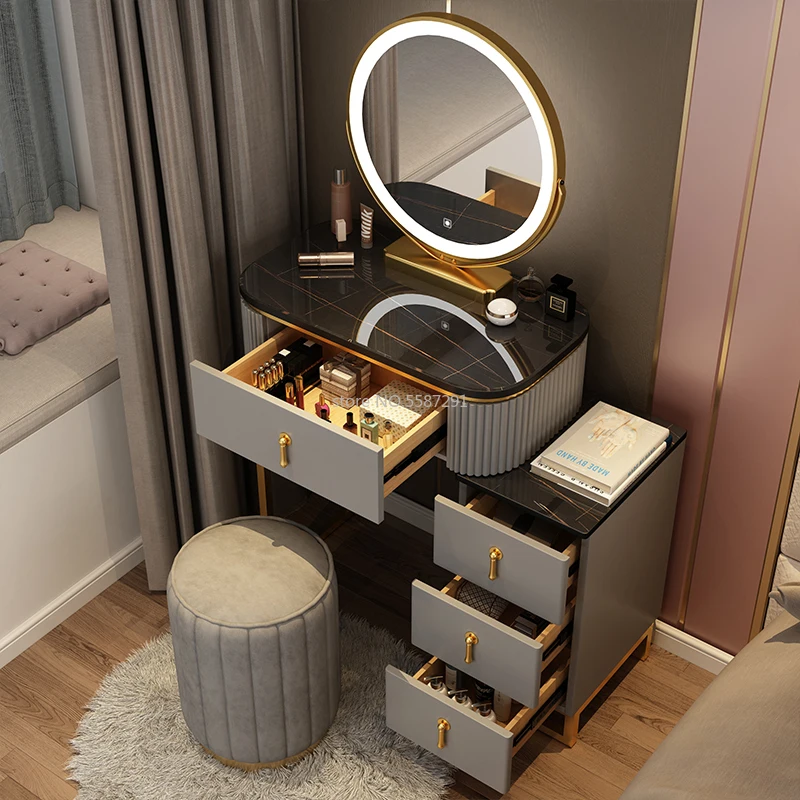 Meuble de maquillage en ardoise avec miroirs pour filles, vanité de maquillage minimaliste intégrée, armoire de rangement de chevet pour chambre à