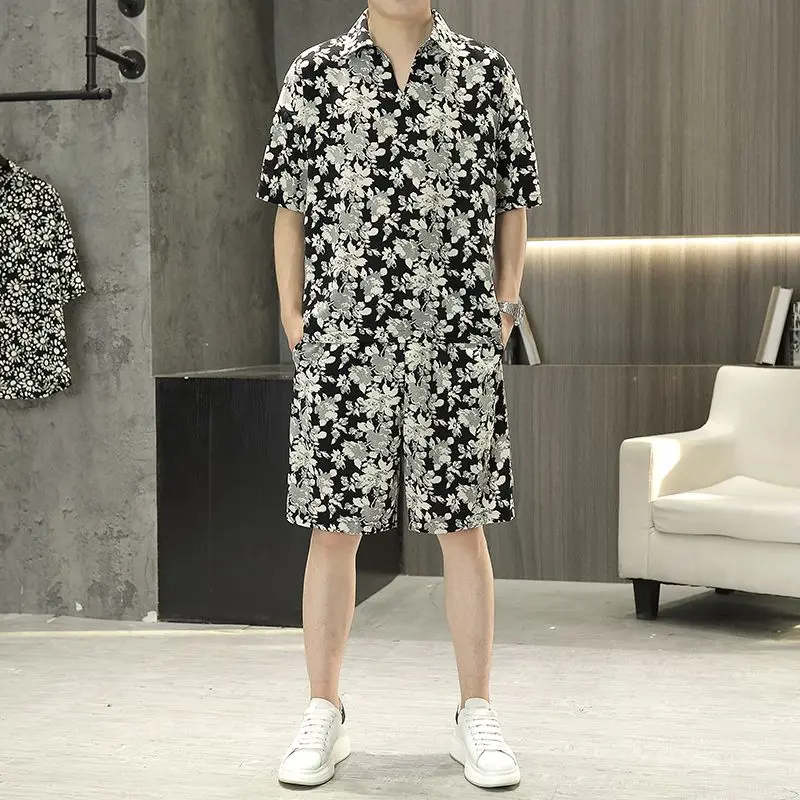 Spring Summer New Fashion Short Sleeved Men's Clothing All Match Casual Korean Style Loose Printed Y2K Button Rope Cambre Suit