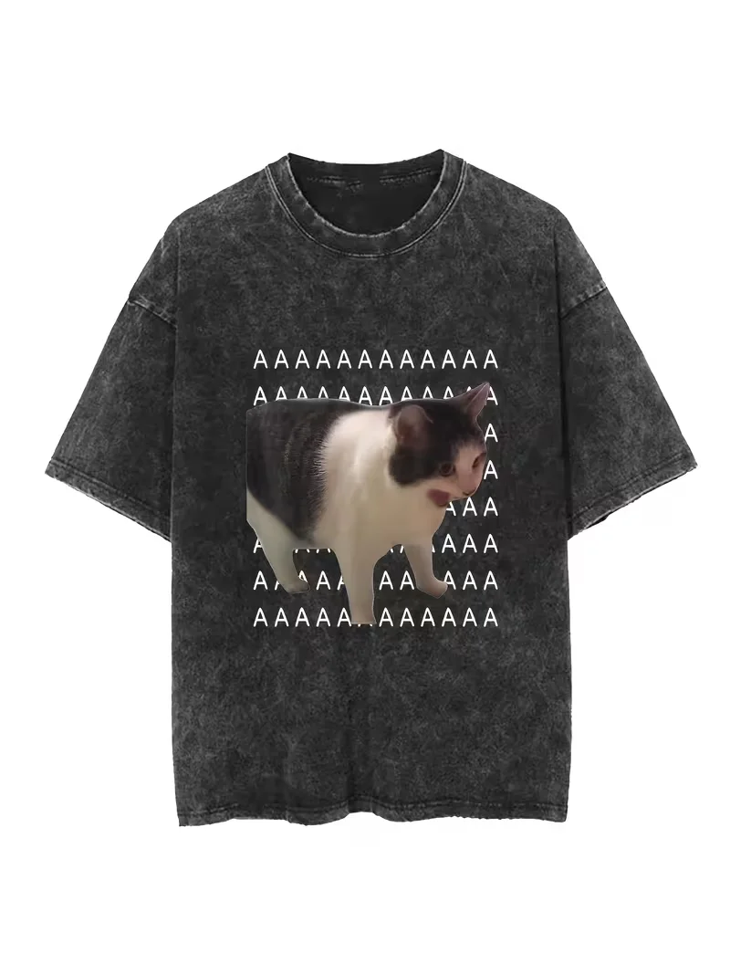 Black Retro T-shirt Wide Wash Distressed Design with Kitten Print T-shirt