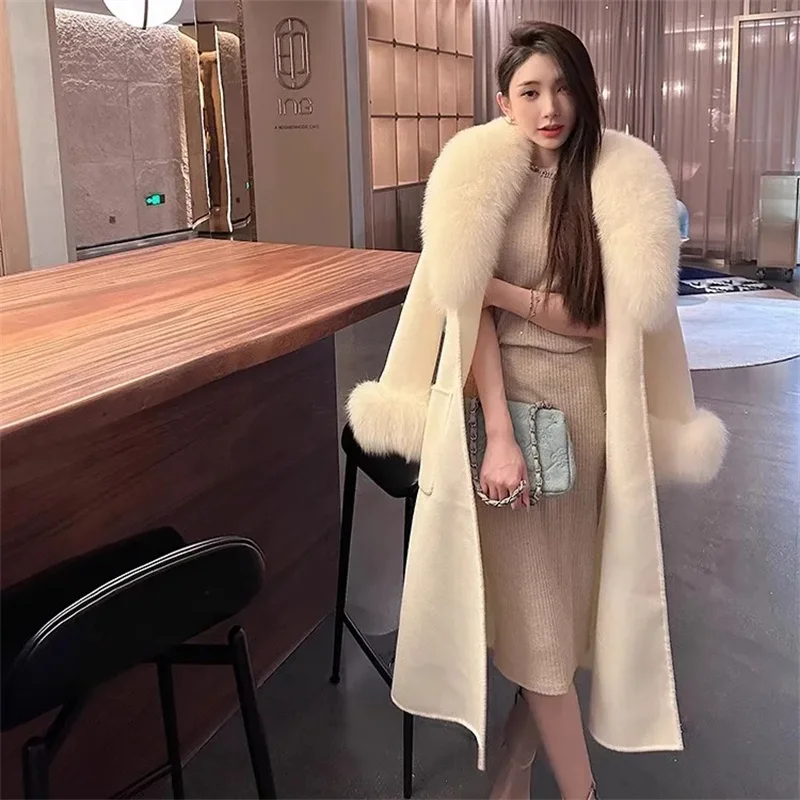 2024Winter New Temperament Famous Lady Waist Coat Mid Length Knee-high Fashion Imitation Big Fox Fur Collar Woolen Jacket Woman