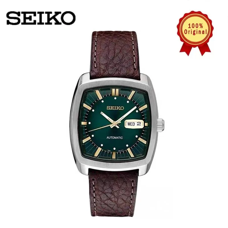 Seiko Original Automatic Mechanical Watch Men\'s Casual Fashion Watch Wine Barrel Watch Belt Retro Green Plate Men\'s Watchs